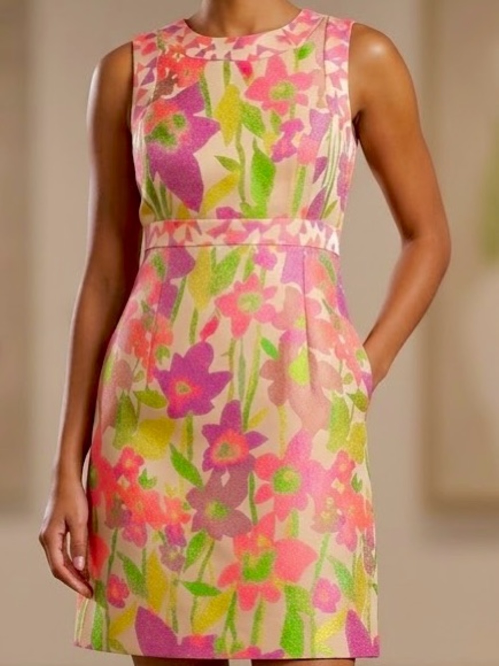 Trina Turk Ruth Neon Acid Garden Floral Print Sheath Dress Size 10 Pink Green